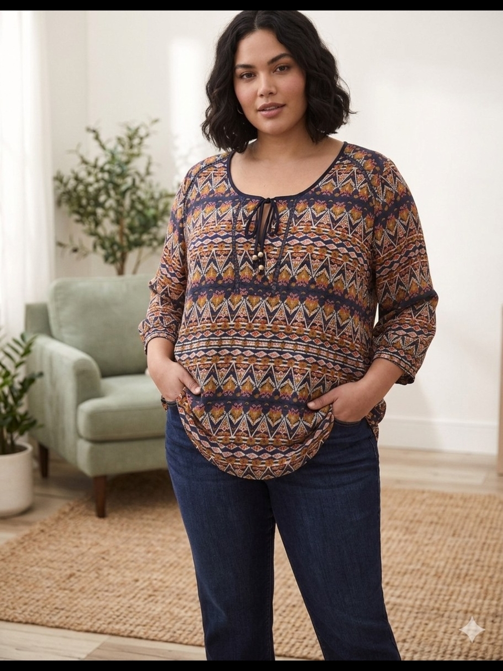 American Rag Plus Size 2X Navy Geometric Print Tie-Neck Boho Blouse